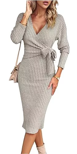 ZIYYOOHY Freizeit ZIYYOOHY Damen Sexy Pulloverkleid V-Ausschnitt Vertikale Streifen Einfarbige Gestricktes Krawattenkleid Midikleid