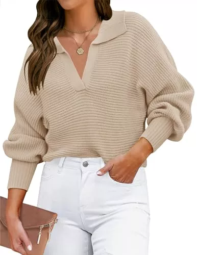 ZESICA Pullover & Strickmode ZESICA Damen 2023 Herbst Revers Kragen V-Ausschnitt Langarm Rippstrick Bequem Lose Casual Pullover Pullover Pullover Top
