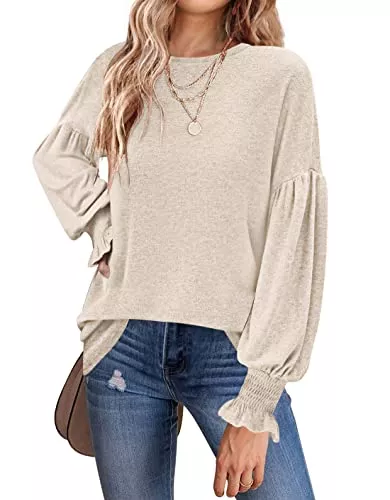 MEROKEETY Langarmblusen MEROKEETY Damen 2023 Causal Lange Ballonärmel Shirts Tops Rundhals Gesmokte Manschetten Lose Bluse