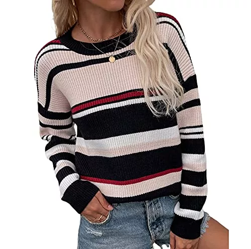 BeerMmay Pullover & Strickmode BeerMmay Regenbogen-Strickpullover für Damen, Y2K-Strickpullover, Farbblock, Rundhalsausschnitt, Langarm-Pullover