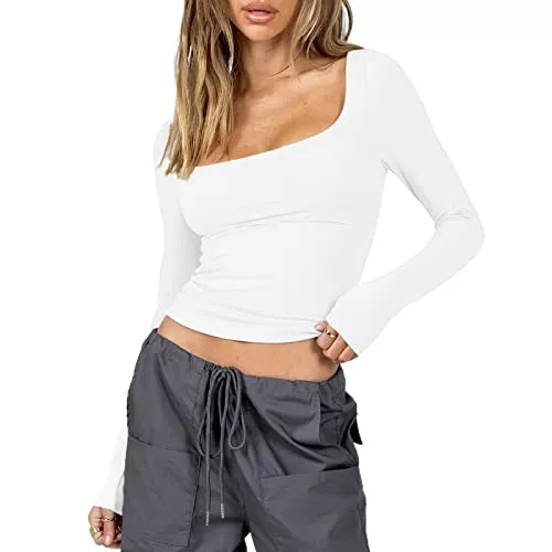 Himllauen Langarmshirts Himllauen Damen Langarmshirt Y2k Tops Sexy Oberteil Einfarbig Sweatshirt Langarm Crop Top Y2K Aesthetic Clothes Slim Oberteile Langarm Shirt