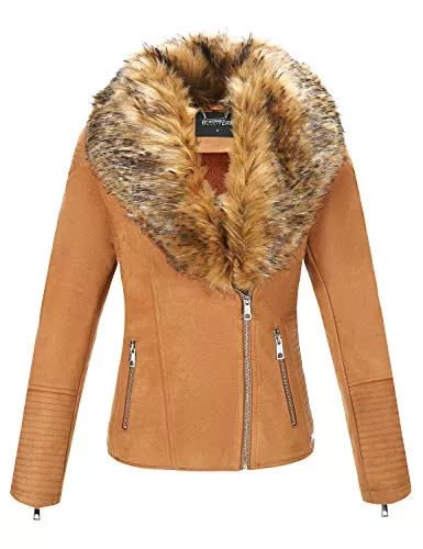 BELLIVERA Mäntel BELLIVERA Damen-Motorrad-Kurzmantel aus Wildlederimitat Sherpa Gefütterte Oberbekleidung mit Abnehmbarem Pelzkragen