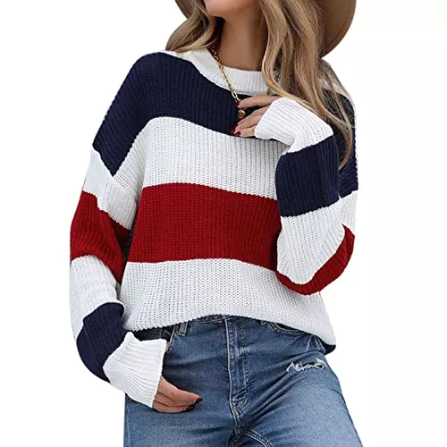 Estink Pullover & Strickmode Estink Damen Strickpullover Langarm Gestreifter Strickpullover Rundhals Casual Top Damen für Winter Herbst Maschinenwäsche