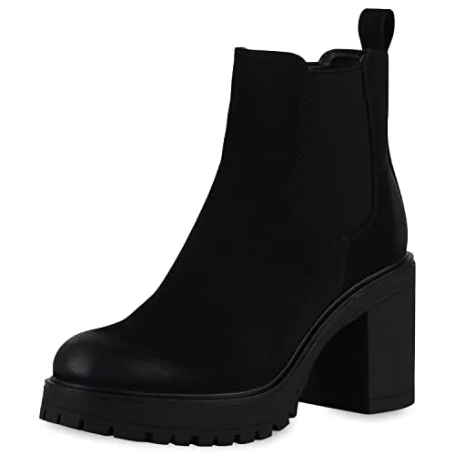 VAN HILL Stiefel VAN HILL Damen Klassische Stiefeletten mit Blockabsatz Plateau Vorne Profilsohle