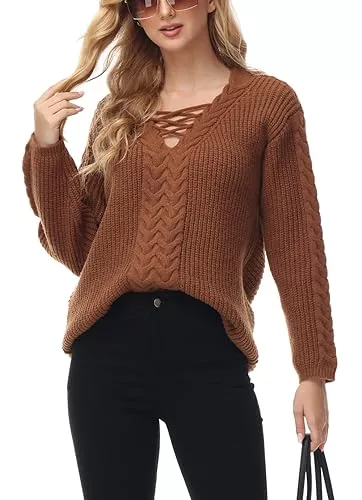TrendiMax Pullover & Strickmode TrendiMax Damen Pullover V-Ausschnitt Strickpullover Zopfstrick Langarm Winter Pullis Casual Sweater Tops Outwear