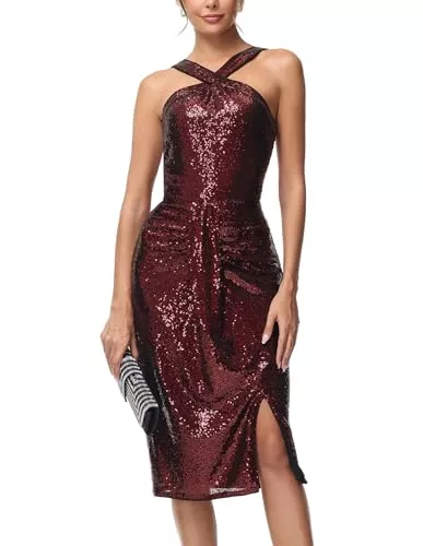 Belle Poque Cocktail Belle Poque Damen Kleid Glitzer Etuikleid Festlich Paillettenkleid Neckholder Abendkleid mit Schlitz Cocktailkleid