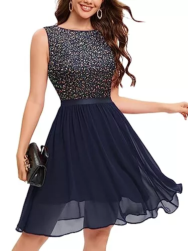 Bbonlinedress Cocktail Bbonlinedress Glitzer Kleid Damen elegant Rundhals festliches jugendweihes Kleid mit Pailletten Cocktail Partykleid Brautkleid