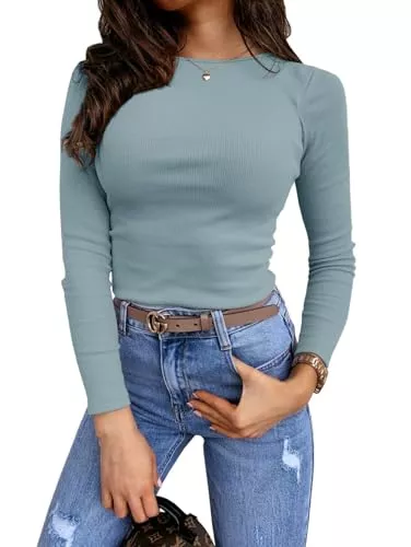 Feziakuk Pullover & Strickmode Feziakuk Damen Strick Langarmshirt Sexy Enges Oberteil Mode Stretchy Rippshirt Casual Basic Pullover Slim Fit Langarm Top