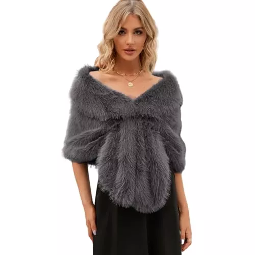 YuanDiann Schals & Tücher YuanDian Damen Poncho aus Kunstfell Braut Hochzeitsschal Elegant Weich Warm Frauen Kunstpelz Bolero Abendzeremonie Kleid Stola Cape Umhänge