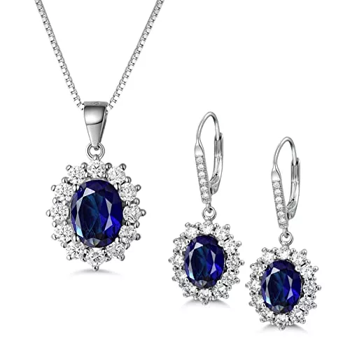 MASOP Schmuck MASOP Silber Damen Schmuck Set, 925 Sterling Silber Saphir Schmuckset, Silber Blau Halskette und Ohrringe Set, Oval Anhänger mit 45 cm Damen Halskette & Ohrhänger, Prinzessin Diana Luxus Schmuck