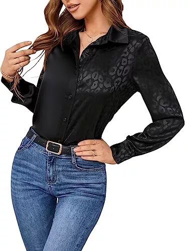 GORGLITTER Langarmblusen GORGLITTER Damen Satin Blusen Elegant Tunika Hemdbluse Umlegekragen Oberteile OL Business Bluse mit Leopard Muster