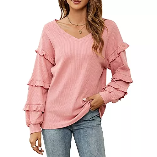 Buliezy Pullover & Strickmode Buliezy Dame Sweatshirt Longshirt Waffel Pullover Bluse Beiläufig V-Ausschnitt Strickpullover Casual Loose Elegant Oberteile Tunika Tops