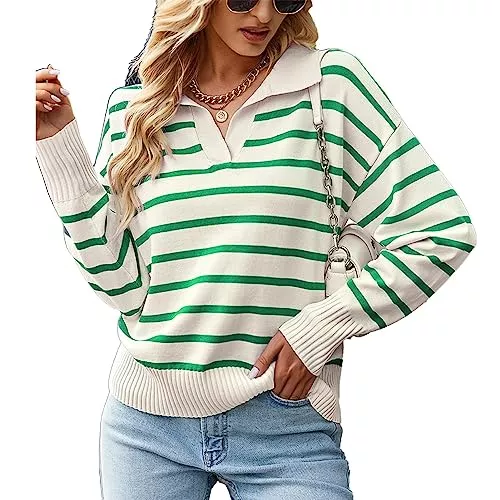 Cocoarm Pullover & Strickmode Cocoarm Damen Strickoberteil Herbst Winter V-Ausschnitt Pullover Pullover Gestreifter Stil Umlegekragen Langarmpullover
