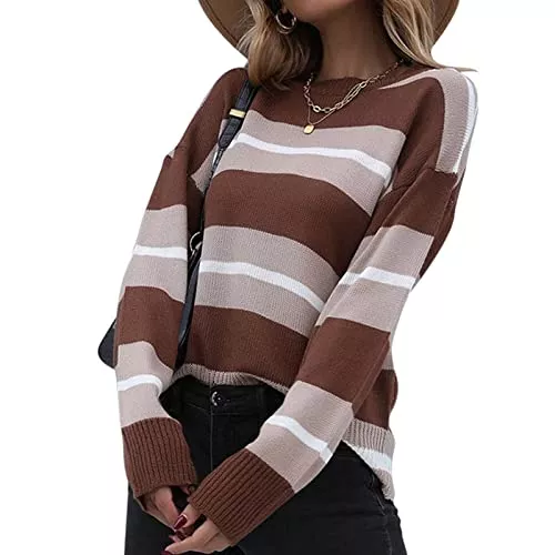 Estink Pullover & Strickmode Estink Damen Strickpullover Langarm Gestreifter Strickpullover Rundhals Casual Top Damen für Winter Herbst Maschinenwäsche