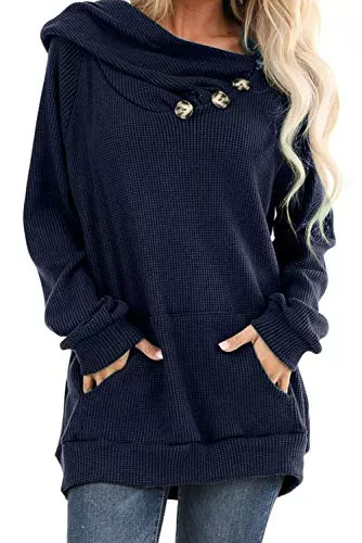 ANCAPELION Pullover & Strickmode ANCAPELION Damen Hoodie Gestrickt Pulli Pullover Langarm Oberteile Einfarbig Sweater Tunika Top mit Knopf Tasche
