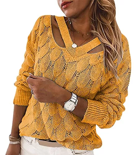 Tomwell Pullover & Strickmode Tomwell Pullover Damen Strickpullover Elegant Feder Hohlpullover Casual V-Ausschnitt Langarm Jumper Lose Pulli Einfarbig Sweater Oberteile Tops Herbst Winter