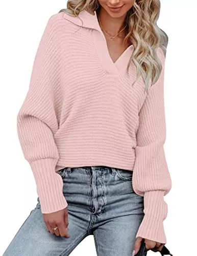 MEROKEETY Pullover & Strickmode MEROKEETY Damen-Pullover mit Fledermausärmel, V-Ausschnitt, Faltkragen, lässiger Strickpullover