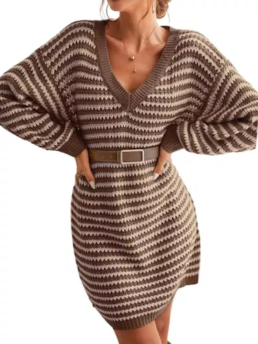 CUPSHE Freizeit CUPSHE Damen Strickkleid Pulloverkleid V Ausschnitt Lange Ärmel Streifen Grobstrick Pulli Herbst Winter Kleider Knit Sweater Mini Dress