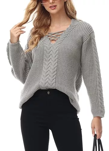 TrendiMax Pullover & Strickmode TrendiMax Damen Pullover V-Ausschnitt Strickpullover Zopfstrick Langarm Winter Pullis Casual Sweater Tops Outwear