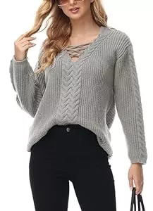 TrendiMax Pullover & Strickmode TrendiMax Damen Pullover V-Ausschnitt Strickpullover Zopfstrick Langarm Winter Pullis Casual Sweater Tops Outwear