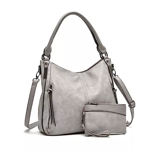 Gladdon Taschen & Rucksäcke Damen Handtaschen Groß Shopper Lederhandtasche Schultertasche Umhängetasche Geldbörse Hobo Damen Taschen Set 2pcs（Grau）
