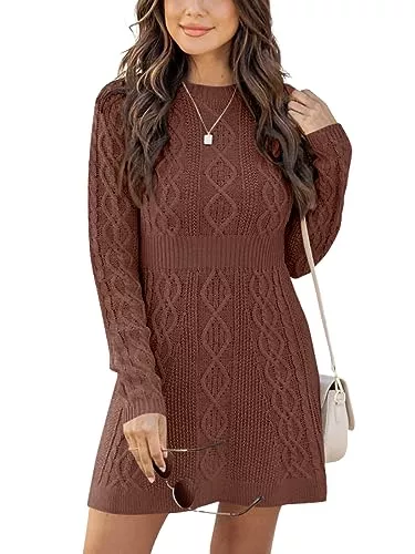 Ebifin Freizeit Ebifin Strickkleid Damen Rundhals Strickpullover Kleid Elegant Tunika Pullikleid Winterkleid Sweater A-Linie Minikleid.