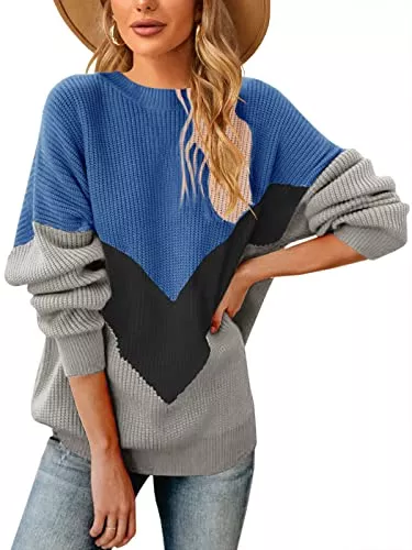 Saodimallsu Pullover & Strickmode Saodimallsu Damen Übergroße Fledermausärmel Pullover Chevron Farbblock Slouchy Loose Knit Pullover Pullover Blau