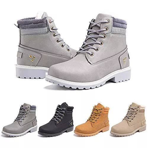 Hitmars Stiefel Hitmars Winterstiefel Damen Gefüttert Winterschuhe Kurzschaft Combat Schneestiefel Ankle Boots Warm PU Leder Stiefelette Outdoor Schwarz Khaki Grau 36-43 EU