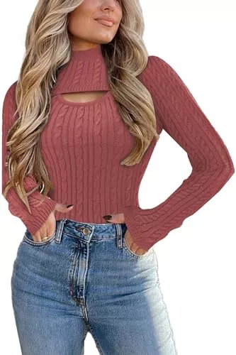Famulily Pullover & Strickmode Famulily Damen Sexy 2 Teiler Cutout Cable Stickpullover Separat Tank Top und mittelstandskragen Shrug Oberteil Langarm
