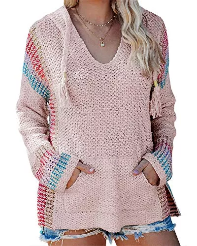 Saodimallsu Pullover & Strickmode Saodimallsu Damen V-Ausschnitt Kapuzenpullover Gestreifte Lose Langarm Leichter Pullover Strickpullover mit Tasche Schwarz