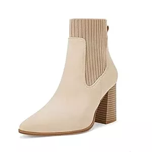 Coutgo Stiefel Damen-Stiefeletten mit spitzem Zehenbereich, elastisch, klobig, hoher Absatz, bequeme Chelsea-Stiefel, Schuhe
