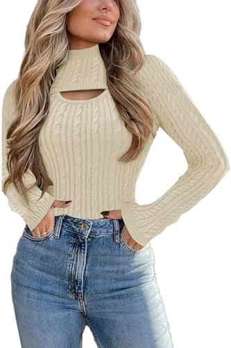 Famulily Pullover & Strickmode Famulily Damen Sexy 2 Teiler Cutout Cable Stickpullover Separat Tank Top und mittelstandskragen Shrug Oberteil Langarm