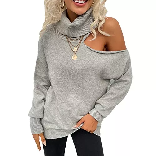 Greensen Pullover & Strickmode Greensen Damen Langarm Pullover Frauen Strickpullover Langarmshirt Schulterfrei Einfarbig Oberteil Slim Warm Tunika Tops