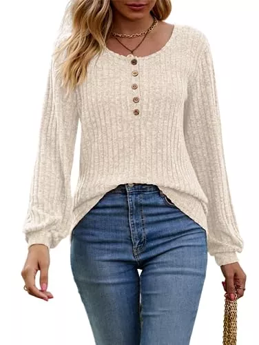 MorFansi Pullover & Strickmode MorFansi Damen Langarmshirt Rundhals Knöpfen Rippstrick Casual Elegant Strickpullover Oberteile Tunika Tops Pullover