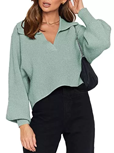 Viottiset Pullover & Strickmode Viottiset Damen Reverskragen Laternenärmel Kurzes Oberteil Gerippter Pullover