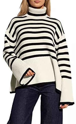 Feziakuk Pullover & Strickmode Feziakuk Rollkragenpullover Damen Gestreift Strickpullover Grobstrick Oversize Winterpullover Warm Vintage Lässige Strickpulli Pullover mit Seitenschlitz