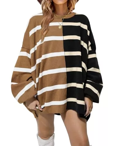 GeGekoko Pullover & Strickmode GeGekoko Oversize Pullover Damen Winter Striped Sweatshirts Rundhalsausschnitt Langarm gestrickt Farbe Block Casual Loose Elegant Pulli Sweatshirts für Frauen