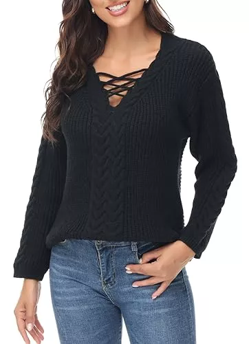 TrendiMax Pullover & Strickmode TrendiMax Damen Pullover V-Ausschnitt Strickpullover Zopfstrick Langarm Winter Pullis Casual Sweater Tops Outwear