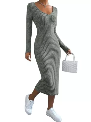 GORGLITTER Freizeit GORGLITTER Strickkleid Damen Langarm Elegant Winter Kleider Mit V Ausschnitt Figurbetontes Kleid Lang Rippenstrick Kleid Strickkleider