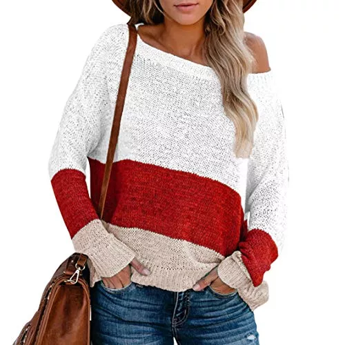 Viottiset Pullover & Strickmode Viottiset Damen Eine Schulterfrei Langarm Streifen Pullover Sweater Tops