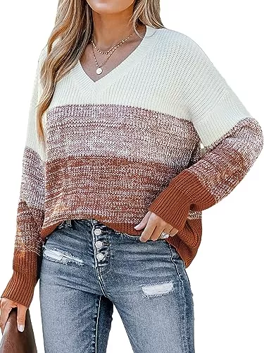 CUPSHE Pullover & Strickmode CUPSHE Damen Strickpullover V Ausschnitt Langarm Farbblock Melange Optik Feinstrick Pulli Oberteile Tops Lässig Knit Sweater