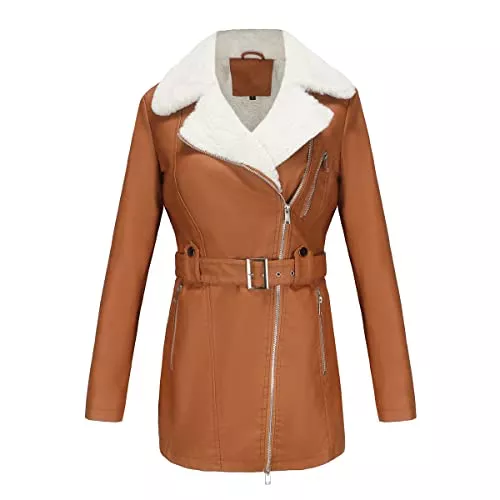 Lvguang Mäntel Lvguang Damen Kunstlederjacke Winterjacke Wildlederimitat Mantel Lässig Herbst Winter Retro Umkippen Jacken Lange Mantel Asymmetrischer Reißverschluss Schlanke Lederjacke