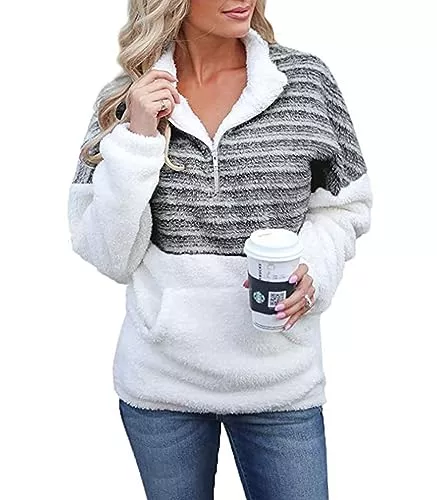 ABYOVRT Pullover & Strickmode ABYOVRT Pullover Damen Flauschig Teddy-Fleece Weich Warm Oberteil Langarm Casual Oversize Sweatshirt Mit Tasche Zip Oberteile Top für Herbst Winter,S-XXL