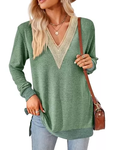 iChunhua Pullover & Strickmode iChunhua Damen-Pullover mit V-Ausschnitt, Spitzenbesatz, leicht, weich, Farbkontraste und Seitenschlitze, lockere Passform, Tunika-Oberteil