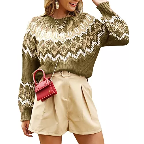 Gemijacka Pullover & Strickmode Gemijacka Damen Pullover Rundhals Norweger Strickpullover Kurz Laternenärmel Weihnachtspullover Basic Wintermuster Sweater