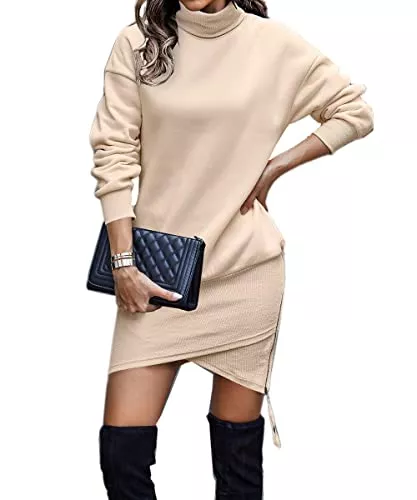 ABYOVRT Freizeit ABYOVRT Damen Kapuzenpullover Kleider Lang Rollkragen Warm Pulloverkleid Plüsch Sweatkleid Langarm Sweatshirt Freizeitkleid Herbst Winter