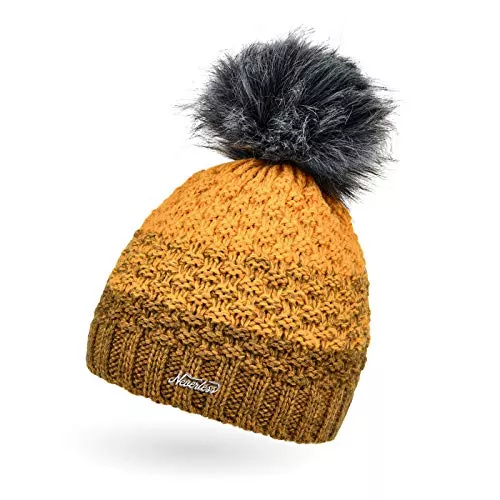 Neverless Hüte & Mützen Neverless® Damen Strick-Mütze gefüttert Fleece-Innenfutter Fell-Bommel Kunstfell Winter-Mütze Bommelmütze Grobstrick Mehrfarbig