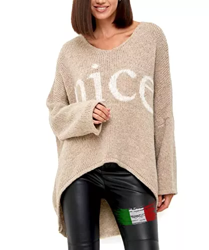 SOVENTUS FASHION Pullover & Strickmode SOVENTUS FASHION Damen Strickpullover Oversize lang grobmaschig Pullover Damen Strick V-Ausschnitt Herbst Winter Grobstrickpullover Pulli Damen, Made in Italy