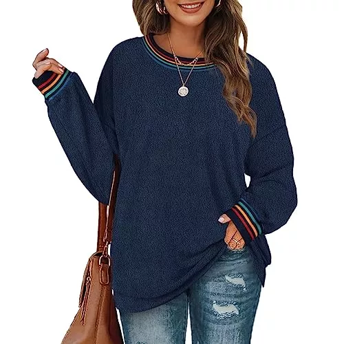 Aokosor Pullover & Strickmode Aokosor Sweatshirt Fleece Damen ohne Kapuze Dünn Pullover Lang Oberteile Langarmshirt Rundhalsausschnitt Tunika Loose Fit Long Sleeve Shirt für Winter