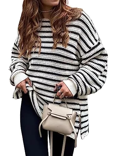 Dokotoo Pullover & Strickmode Dokotoo Strickpullover Damen Pullover Winter Rundhals Langarm Sweater Lässig Gestreift Pulli Strick Winterpullover S-XXL